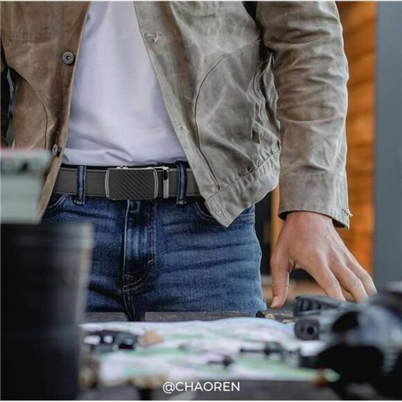 Mens Adjustable Leather Ratchet Belt Slide Buckle Dress Belt for Jeans - Picture 3 of 7